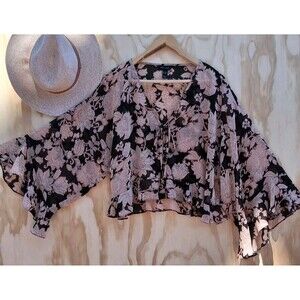 Floral Paisley Kimono Top Size 14 Boho Cropped Sheer Cover Up Flowy Festival